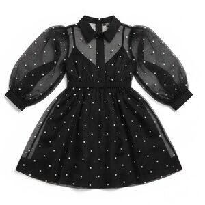 Anthropologie Black Sheer Puff-Sleeve Mini Dress with White Polka Dots